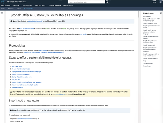 Screenshot of a tutorial that shows how to develop an Alexa skill for multiple languages.